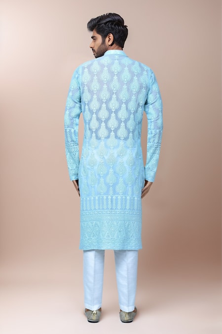 Shop Arihant Rai Sinha Blue Georgette, Silk Embroidery Chikankari Thread Kurta Set at Aza Fashions Shop_Arihant Rai Sinha_Blue Georgette, Silk Embroidery Chikankari Thread Kurta Set _at_Aza_Fashions