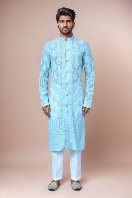 Shop Arihant Rai Sinha Blue Georgette, Silk Embroidery Chikankari Thread Kurta Set Online at Aza Fashions Shop_Arihant Rai Sinha_Blue Georgette, Silk Embroidery Chikankari Thread Kurta Set _Online_at_Aza_Fashions