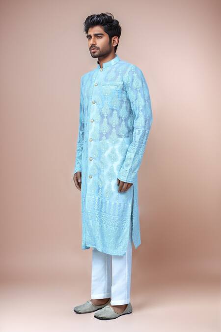 Arihant Rai Sinha Blue Georgette, Silk Embroidery Chikankari Thread Kurta Set at Aza Fashions Arihant Rai Sinha_Blue Georgette, Silk Embroidery Chikankari Thread Kurta Set _at_Aza_Fashions