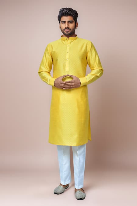 Samyukta Singhania Yellow Silk, Jacquard Geometric Woven Kurta Set 