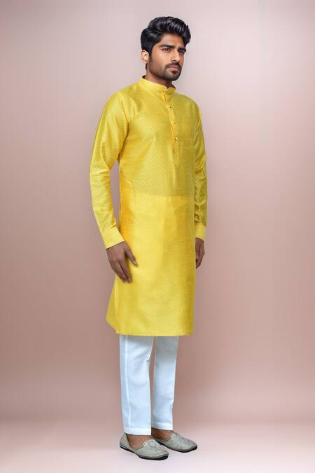 Arihant Rai Sinha Yellow Silk, Jacquard Geometric Woven Kurta Set at Aza Fashions Arihant Rai Sinha_Yellow Silk, Jacquard Geometric Woven Kurta Set _at_Aza_Fashions