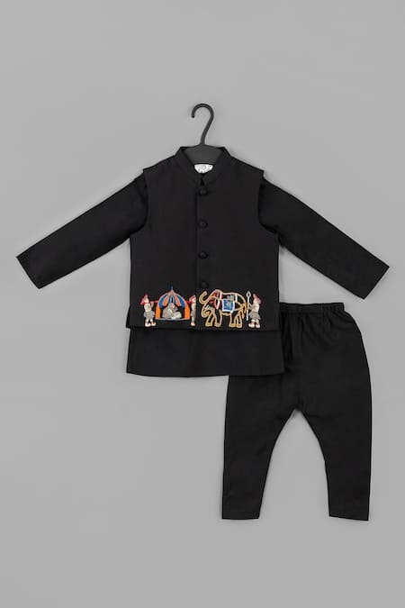 Little Brats Black Cotton, Silk Embroidery Palki Kurta Set 