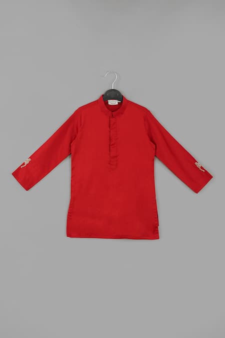 Little Brats_Maroon Cotton, Silk Embroidery Kurta Set With Monkey _Online_at_Aza_Fashions
