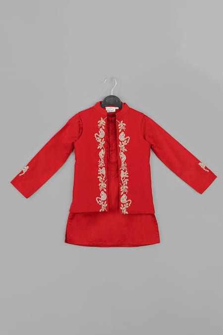 Shop_Little Brats_Maroon Cotton, Silk Embroidery Kurta Set With Monkey _Online_at_Aza_Fashions