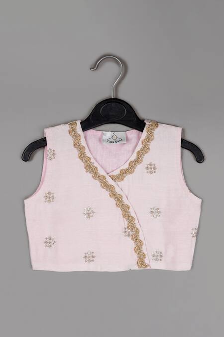 Buy_Little Brats_Pink Muslin Embroidery, Tassels Zari Angrakha Blouse And Lehenga Set _Online_at_Aza_Fashions