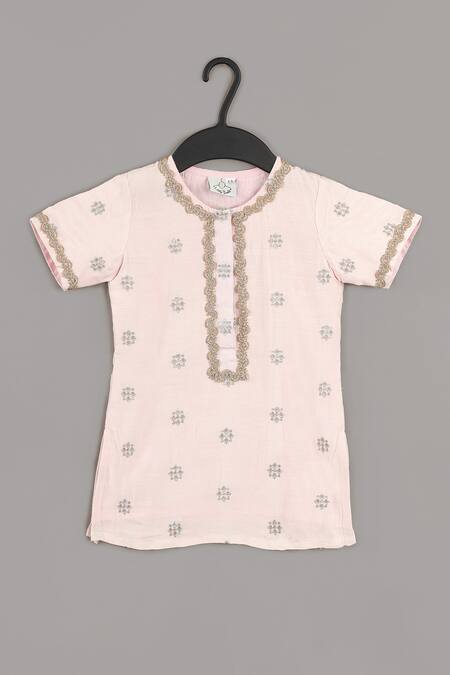 Buy_Little Brats_Pink Muslin Zari, Lace Powder Embroidered Kurta And Sharara Set _Online_at_Aza_Fashions