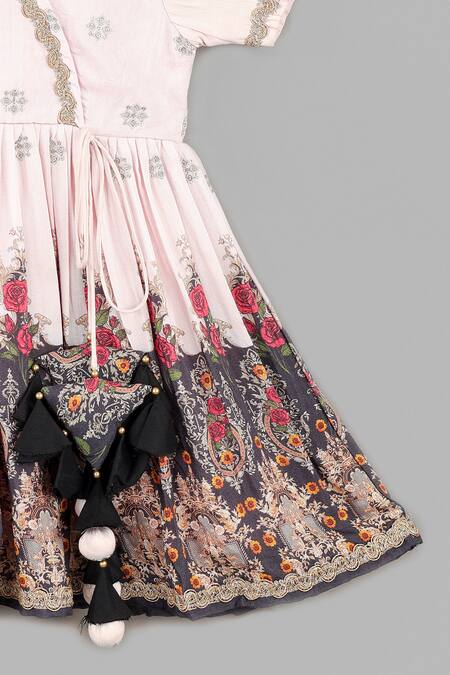 Little Brats_Pink Muslin Pom-poms Powder Zari Embroidered Dress _Online_at_Aza_Fashions