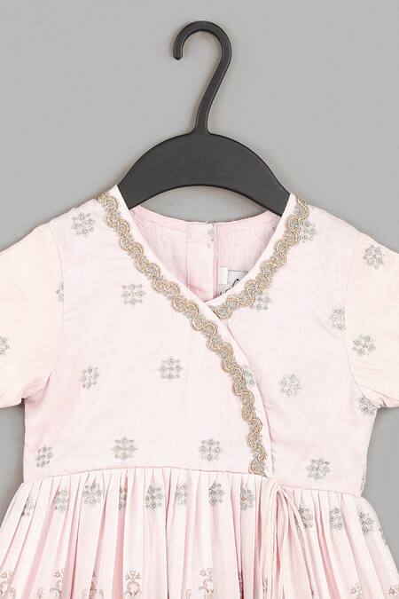 Buy_Little Brats_Pink Muslin Pom-poms Powder Zari Embroidered Dress _Online_at_Aza_Fashions