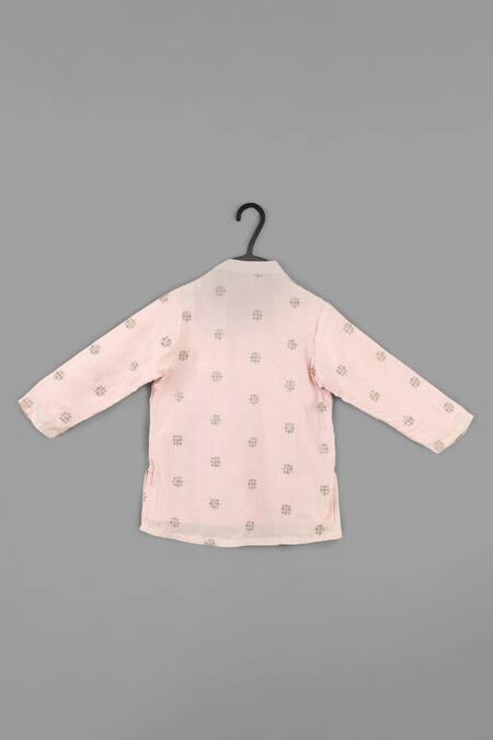 Little Brats_Pink Cotton, Muslin, Silk Zari Embroidered Powder Kurta Set _Online_at_Aza_Fashions