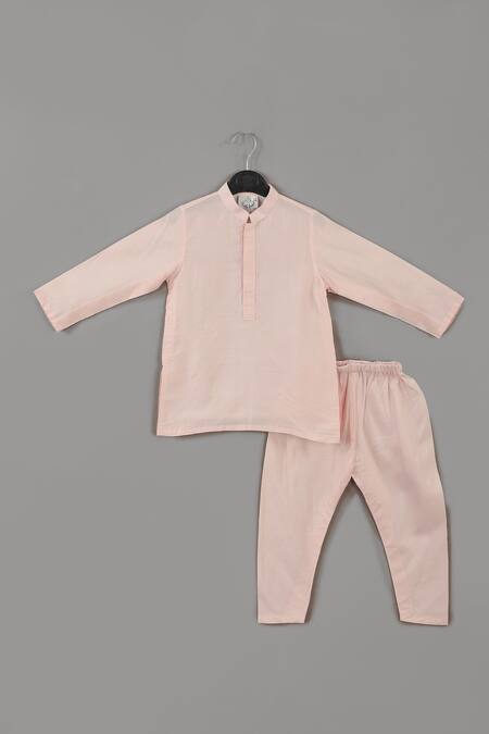 Shop_Little Brats_Pink Cotton, Silk, Muslin Zari, Embroidery Powder Kurta Set _Online_at_Aza_Fashions