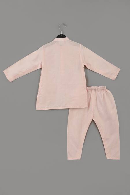 Little Brats_Pink Cotton, Silk, Muslin Zari, Embroidery Powder Kurta Set _at_Aza_Fashions