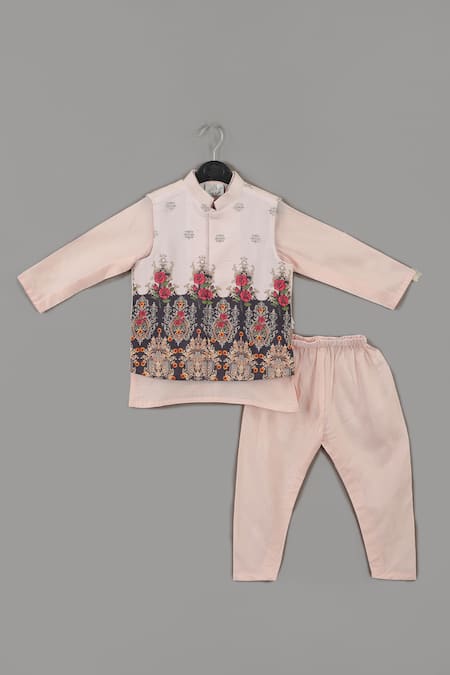 Little Brats Pink Cotton, Silk, Muslin Zari, Embroidery Powder Kurta Set 