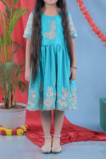 Little Brats_Green Satin, Silk Embroidery Flower Dress _Online_at_Aza_Fashions