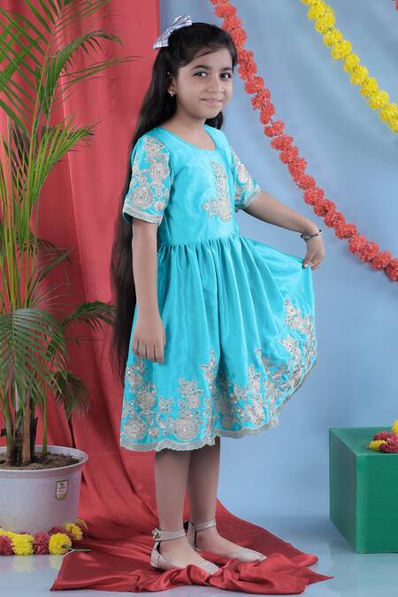 Buy_Little Brats_Green Satin, Silk Embroidery Flower Dress _Online_at_Aza_Fashions