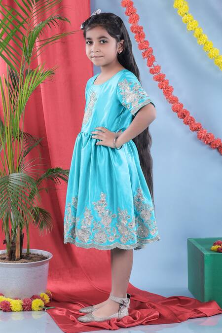Shop_Little Brats_Green Satin, Silk Embroidery Flower Dress _Online_at_Aza_Fashions