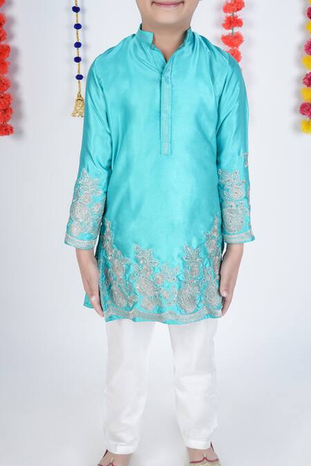 Shop Little Brats Green Satin, Cotton, Silk Embroidery Peacock Kurta Set Online at Aza Fashions Shop_Little Brats_Green Satin, Cotton, Silk Embroidery Peacock Kurta Set _Online_at_Aza_Fashions