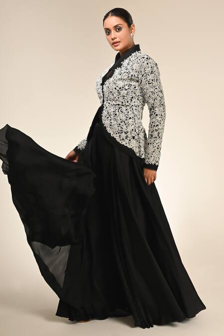 Buy_COUTURE BY NIHARIKA_White Organza Embroidery Round Neck Designer Jacket And Pant Set _Online_at_Aza_Fashions