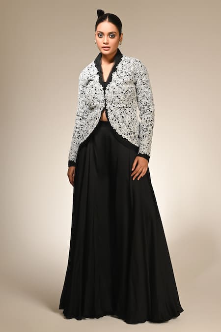 Couture By Niharika White Organza Embroidery Round Neck Designer Jacket And Pant Set 