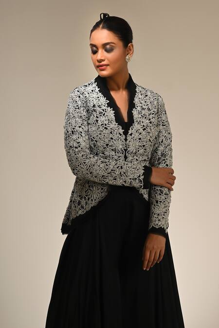 Shop_COUTURE BY NIHARIKA_White Organza Embroidery Round Neck Designer Jacket And Pant Set _Online_at_Aza_Fashions