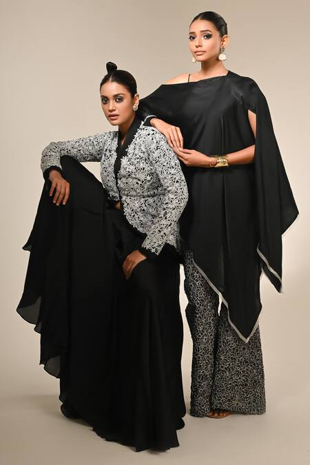 COUTURE BY NIHARIKA_White Organza Embroidery Round Neck Designer Jacket And Pant Set _at_Aza_Fashions