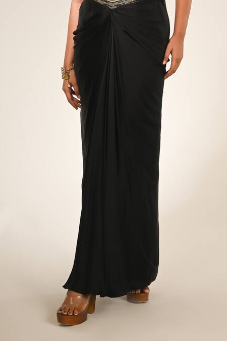 COUTURE BY NIHARIKA_Black Satin, Georgette, Viscose Beads, Sequins High Designer Blouse And Skirt Set _Online_at_Aza_Fashions