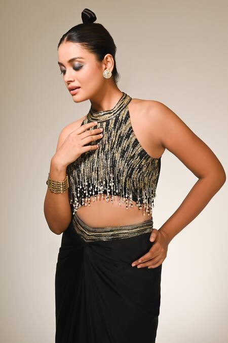 Buy_COUTURE BY NIHARIKA_Black Satin, Georgette, Viscose Beads, Sequins High Designer Blouse And Skirt Set _Online_at_Aza_Fashions