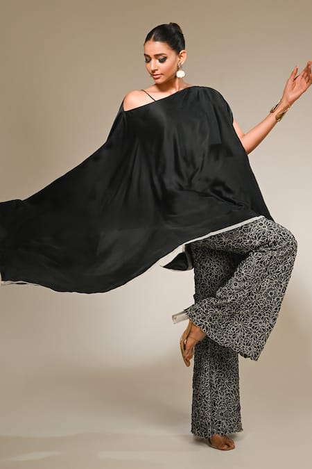 Couture By Niharika Black Satin & Organza Kaftan Pant Set 