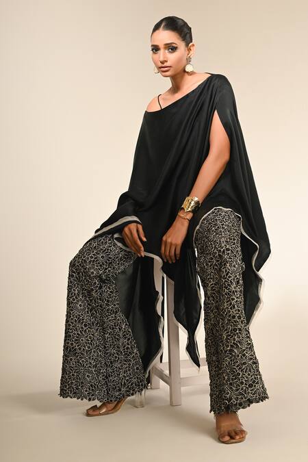 COUTURE BY NIHARIKA_Black Satin, Organza Embroidery Round Neck And Kaftan Pant Set _Online_at_Aza_Fashions