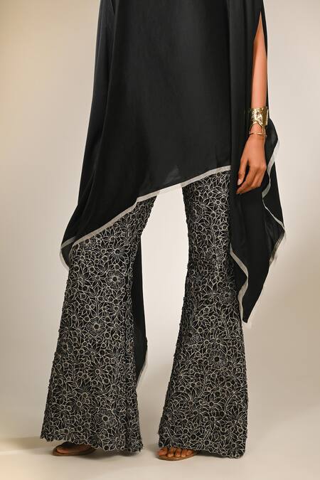 Buy_COUTURE BY NIHARIKA_Black Satin, Organza Embroidery Round Neck And Kaftan Pant Set _Online_at_Aza_Fashions
