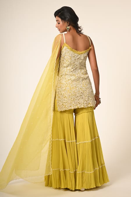 COUTURE BY NIHARIKA Yellow Organza Embroidered Kurta Sharara Set 