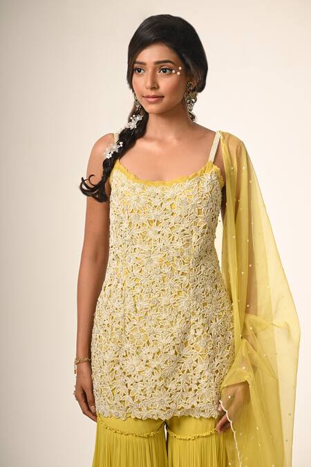 COUTURE BY NIHARIKA_Yellow Organza, Viscose, Georgette Embroidery, Pearls Round Kurta Sharara Set _Online_at_Aza_Fashions