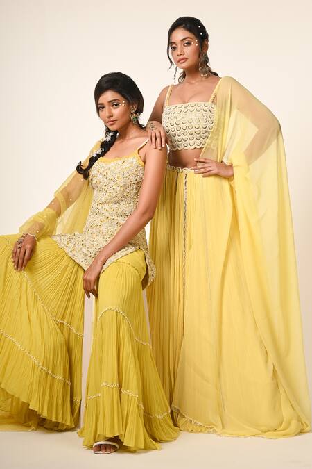 Buy_COUTURE BY NIHARIKA_Yellow Organza, Viscose, Georgette Embroidery, Pearls Round Kurta Sharara Set _Online_at_Aza_Fashions