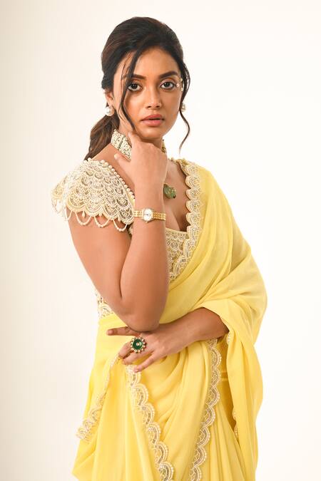 COUTURE BY NIHARIKA_Yellow Organza, Chiffon Lace Round Neck Designer Saree Set _Online_at_Aza_Fashions