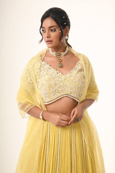 COUTURE BY NIHARIKA Yellow Organza, Georgette, Viscose Beads Round Neck Designer Skirt Set Online at Aza Fashions COUTURE BY NIHARIKA_Yellow Organza, Georgette, Viscose Beads Round Neck Designer Skirt Set _Online_at_Aza_Fashions