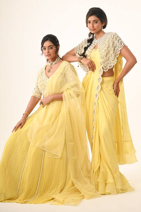 Buy COUTURE BY NIHARIKA Yellow Organza, Georgette, Viscose Beads Round Neck Designer Skirt Set Online at Aza Fashions Buy_COUTURE BY NIHARIKA_Yellow Organza, Georgette, Viscose Beads Round Neck Designer Skirt Set _Online_at_Aza_Fashions