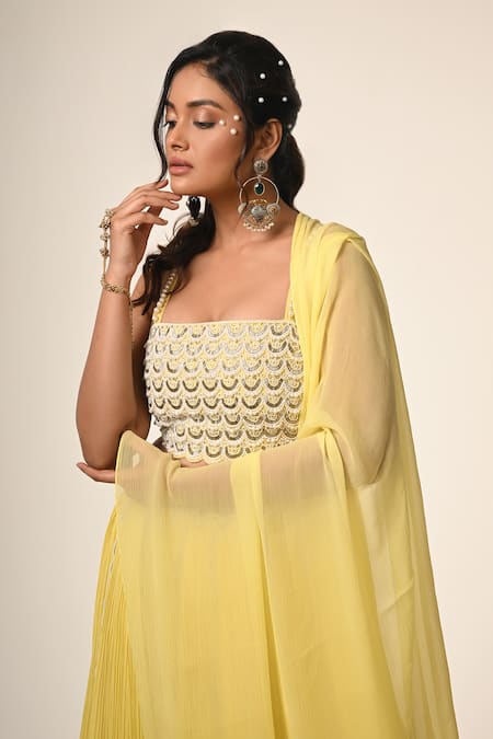 COUTURE BY NIHARIKA_Yellow Organza, Georgette, Viscose Beads, Embroidery Designer Dupatta Set _Online_at_Aza_Fashions