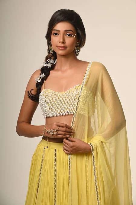 COUTURE BY NIHARIKA_Yellow Organza, Georgette, Viscose Beads, Embroidery Round Neck And Set _Online_at_Aza_Fashions