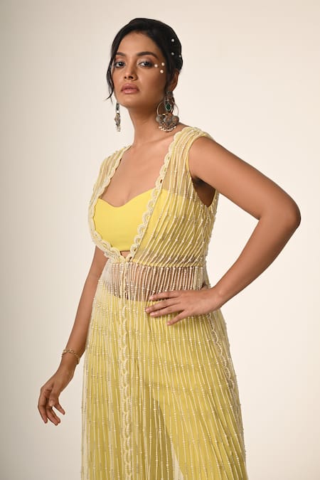 COUTURE BY NIHARIKA_Yellow Net, Viscose, Georgette Beads Round Neck Designer Cape Set _Online_at_Aza_Fashions