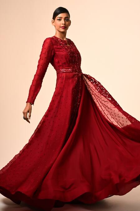 COUTURE BY NIHARIKA_Red Organza Beads, Sequins, Embroidery Round Neck Embellished Jacket Set _Online_at_Aza_Fashions