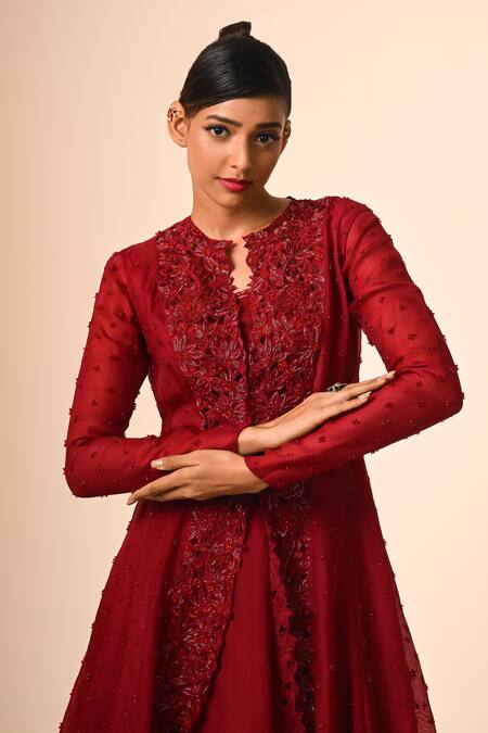 Buy_COUTURE BY NIHARIKA_Red Organza Beads, Sequins, Embroidery Round Neck Embellished Jacket Set _Online_at_Aza_Fashions