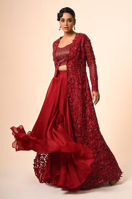 COUTURE BY NIHARIKA_Red Organza, Net Embroidery, Cut Work Round Neck And Jacket Skirt Set _Online_at_Aza_Fashions