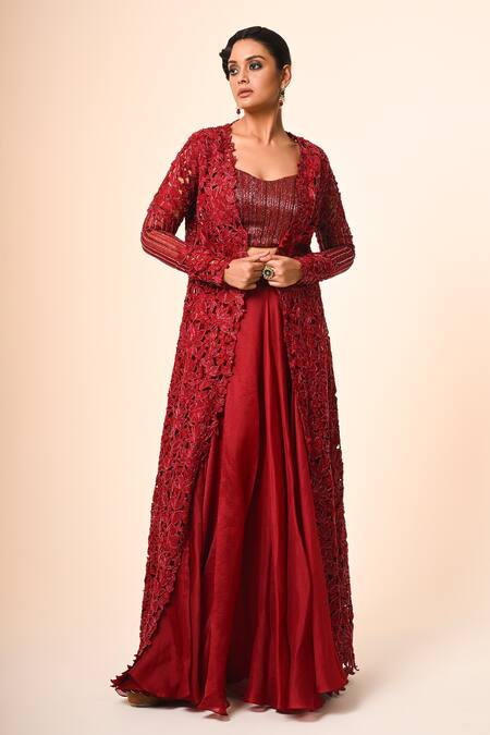 Buy_COUTURE BY NIHARIKA_Red Organza, Net Embroidery, Cut Work Round Neck And Jacket Skirt Set _Online_at_Aza_Fashions
