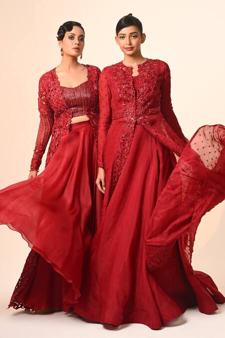 Shop_COUTURE BY NIHARIKA_Red Organza, Net Embroidery, Cut Work Round Neck And Jacket Skirt Set _Online_at_Aza_Fashions