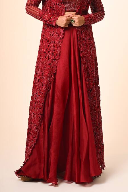 COUTURE BY NIHARIKA_Red Organza, Net Embroidery, Cut Work Round Neck And Jacket Skirt Set _at_Aza_Fashions