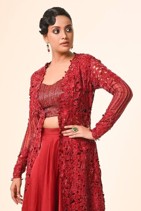 Buy_COUTURE BY NIHARIKA_Red Organza, Net Embroidery, Cut Work Round Neck And Jacket Skirt Set 