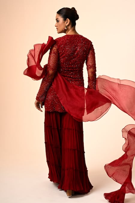 COUTURE BY NIHARIKA Red Embellished Kurta Sharara Set 