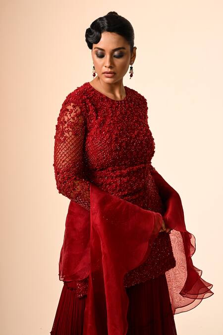 COUTURE BY NIHARIKA_Red Viscose, Georgette, Net Beads Round Neck Embellished Kurta Sharara Set _Online_at_Aza_Fashions