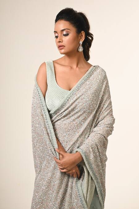 Buy_COUTURE BY NIHARIKA_Blue Viscose, Georgette, Velvet, Net Sequins, Beads Designer Saree With Blouse _Online_at_Aza_Fashions