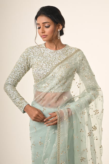 COUTURE BY NIHARIKA Blue Organza, , Viscose Powder Designer Saree And Blouse Set Online at Aza Fashions COUTURE BY NIHARIKA_Blue Organza, , Viscose Powder Designer Saree And Blouse Set _Online_at_Aza_Fashions