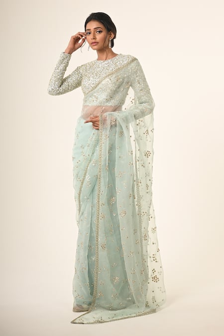 COUTURE BY NIHARIKA Powder Blue Designer Saree & Blouse Set 